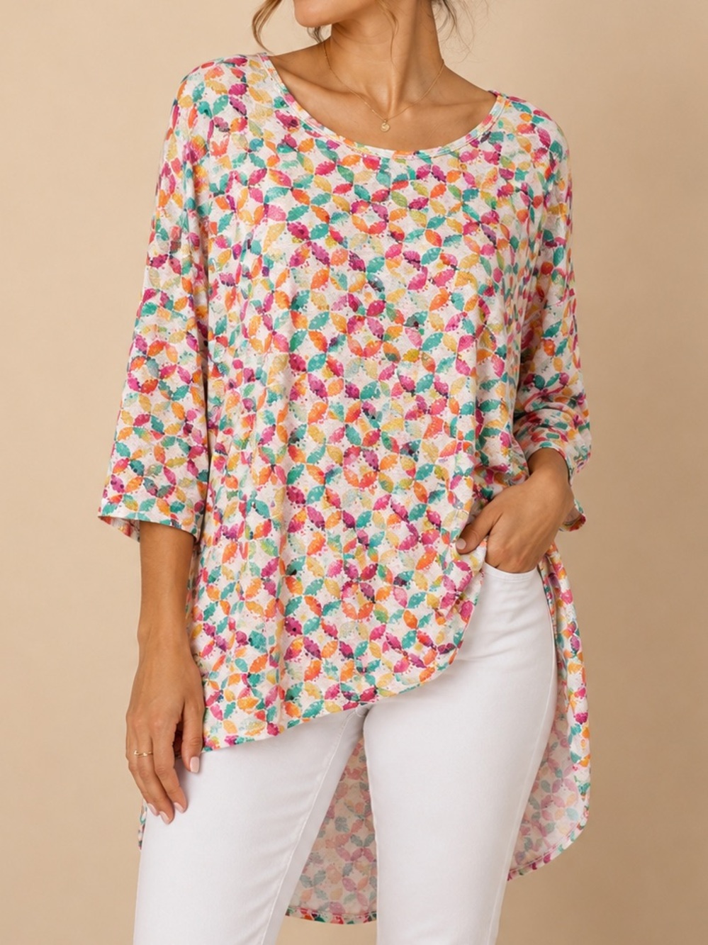 LuLaRoe Multicolor Scoop Neck Short Sleeve Tunic - Pink, Teal, Yellow, Orange